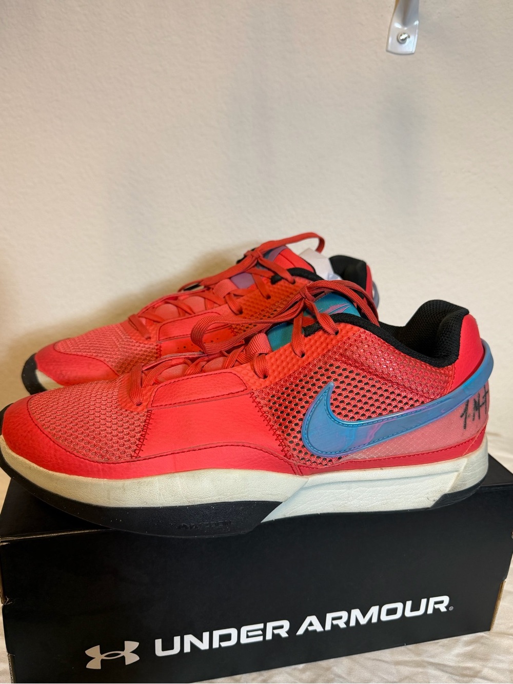 Men’s 10.5 Red Athletic Sneakers with Blue Swoosh Accent - Picture 2 of 6